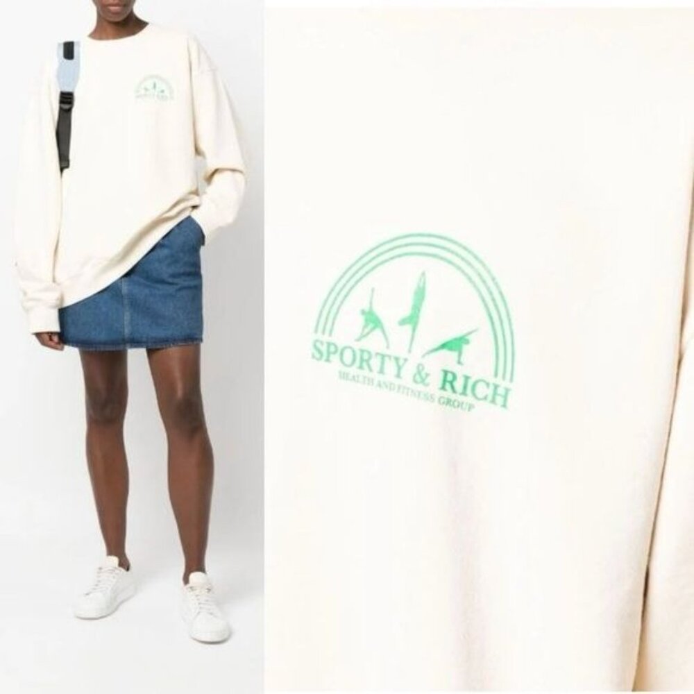 NEW Sporty & Rich Fitness Group Crewneck Sweatshirt M Off White Fleece Oversized